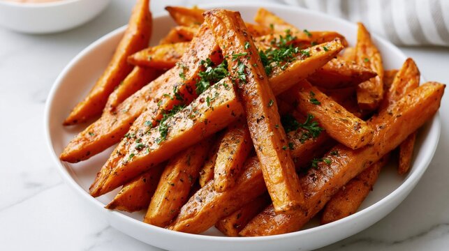 Golden orange sweet potato fries sprinkled with fresh green herbs sit on a bright marble surface