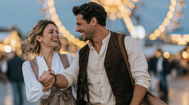 Cheerful couple enjoying a traditional german festival, walking and laughing against amusement park lights