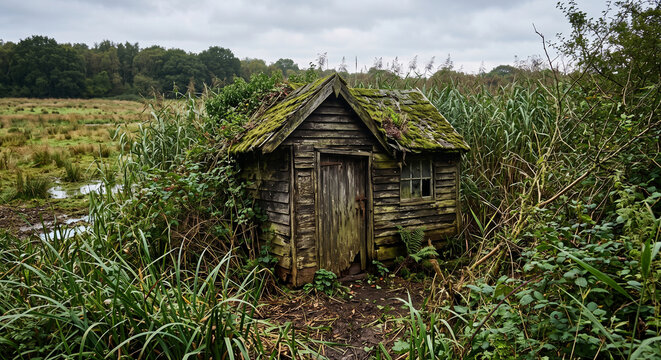 Tiny wooden shed swallowed by reeds and wetland plants with mossy roof, closed door, weathered boards, thick grasses, and water visible around the structure.