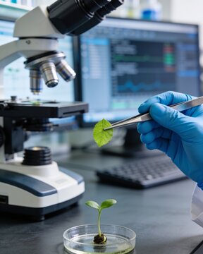 Scientist in lab analyzing a green plant leaf with tweezers in front of a microscope