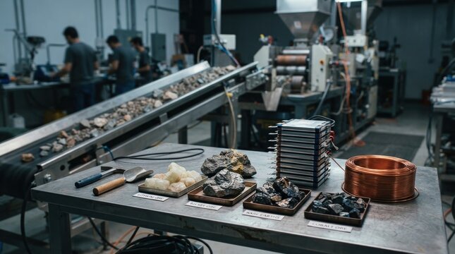 Critical minerals for energy transition with lithium, nickel, and rare earth ore samples, battery cell stack, copper wire coil, and conveyor processing line
