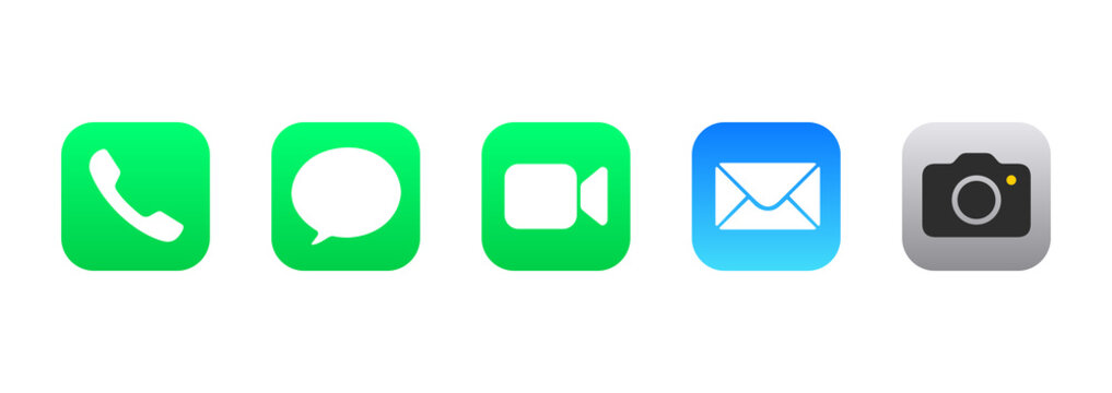 Apple ios Application icons. Phone, messages, FaceTime, Mail, Camera app logos collection