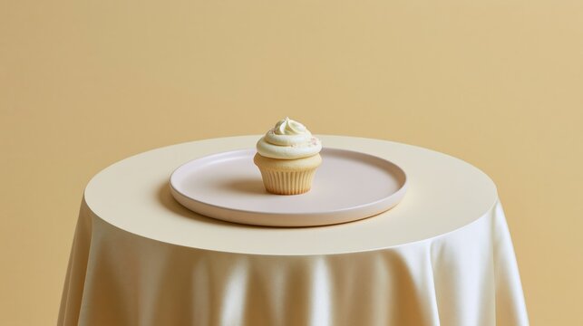 Tiny vanilla cupcake with airy frosting sits on a round plate against a soft buttery backdrop