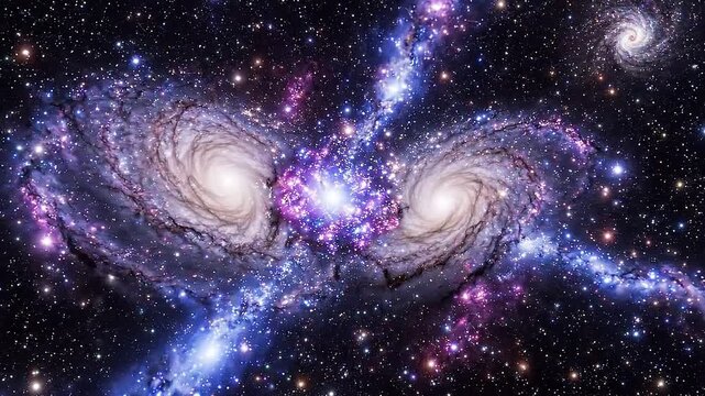 Cosmic dance of two galaxies merging, showcasing swirling arms of stars and vibrant colors against a backdrop of deep space filled with distant celestial bodies
