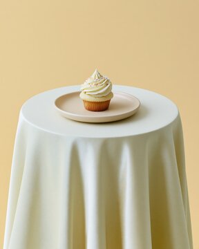Single vanilla cupcake with creamy frosting sitting on a round table with a flowing tablecloth