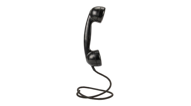 Vintage black telephone receiver with coiled cord, classic analog phone handset, retro telecommunication equipment for customer support concepts isolated PNG with Transparent Background
