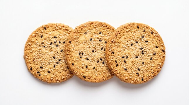 Three delicious crunchy round cookies topped with white and black sesame seeds on white background