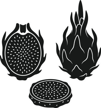 Dragon fruit silhouette set isolated on transparent background whole half and slice
