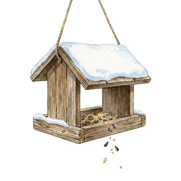 Hand painted watercolor winter wooden bird feeder with seeds isolated on transparent background