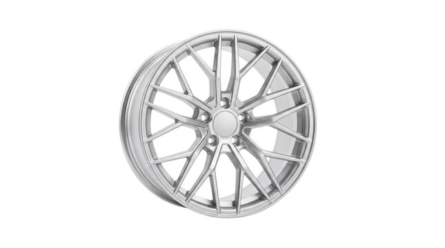 Silver alloy car wheel with multi-spoke design, premium metallic aluminum rim for automotive tuning, modern luxury vehicle wheel component isolated PNG with Transparent Background