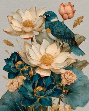 Fine art watercolor illustration of lotus flowers, peacock feathers and golden botanical foliage, hand-painted floral arrangement.