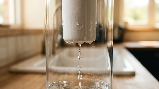 Water filter drip clean water access for healthy drinking in kitchen glass container with natural light
