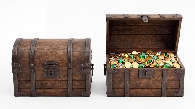 Wooden treasure chests filled with gold coins and green gemstones presented on white background