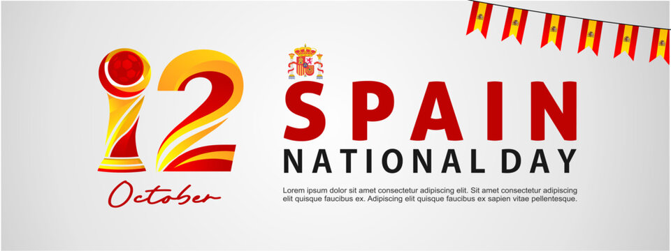 Modern vector illustration banner celebrating Spain National Day, La Fiesta Nacional de Espa&ntilde;a, on 12 October 2026 with patriotic typography, Spanish flag decorations, and a clean copy space layout.