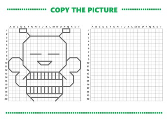 Cute bee copy the picture worksheet with outlined sample and blank coordinate grid, printable drawing activity for children