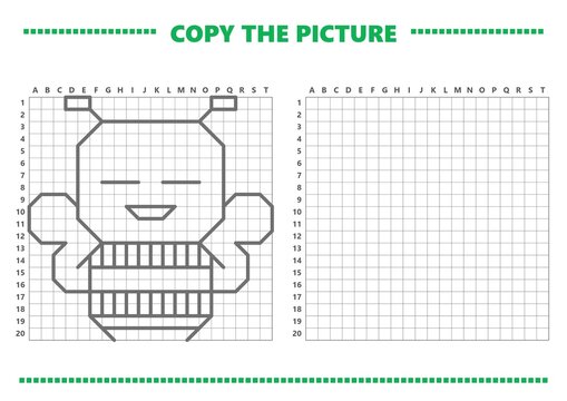 Cute bee copy the picture worksheet with outlined sample and blank coordinate grid, printable drawing activity for children