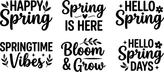 Fototapeta premium Set of six black and white spring themed typography designs featuring floral elements and inspirational phrases for seasonal greeting cards and craft projects