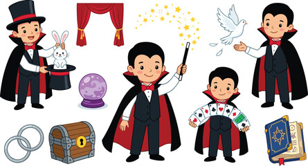 Cute boy magician character vector set performing magic tricks with rabbit hat cards wand dove and spell book flat illustration