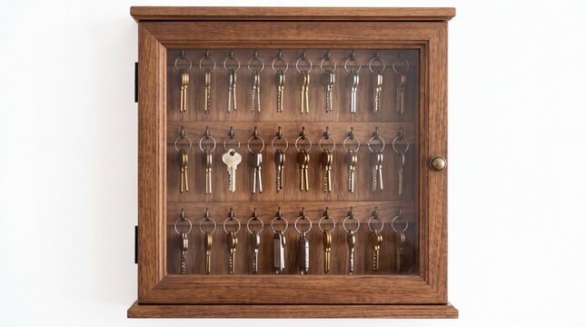 Wooden wall cabinet filled with metal security keys displayed behind a glass door on white background