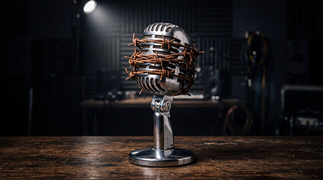 Vintage microphone wrapped in barbed wire conceptual image representing censorship and silenced speech