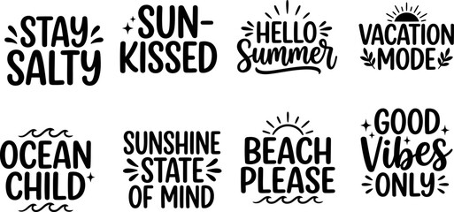 Obraz premium Set of eight summer themed hand lettered phrases featuring beach and vacation quotes with decorative elements isolated on a plain white background design