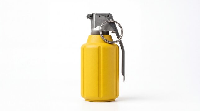 Yellow hand grenade with silver metallic handle and pull ring resting isolated on white background