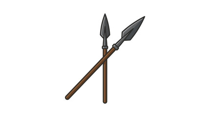Obraz premium Two crossed spears with sharp metal heads and wooden shafts, isolated on white background, illustrating ancient weaponry and conflict.