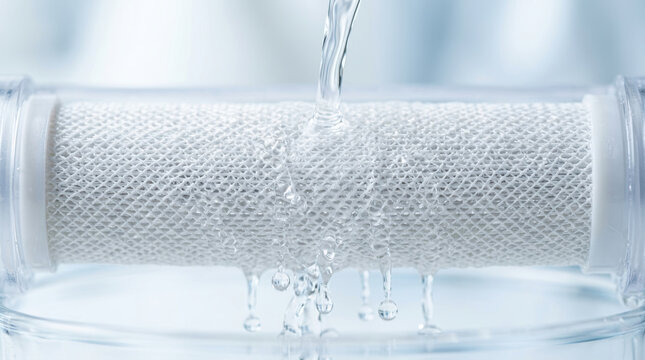 Clean water access concept with water flowing through filtration cartridge for pure drinking water