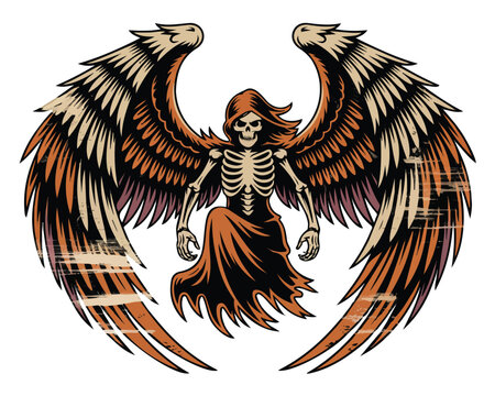 Dark Fantasy Angel with Large Wings Vector Illustration Isolated on White Background