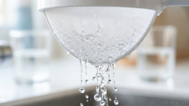 Water filter pouring clean water drops showing access to fresh liquid in kitchen sink area