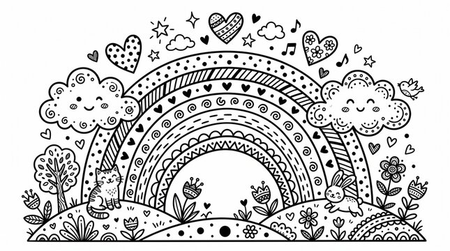 "Playful black‑and‑white rainbow line art with clouds, patterned arches, decorative hearts, cheerful whimsical style emphasizing joy and stylized simplicity."
