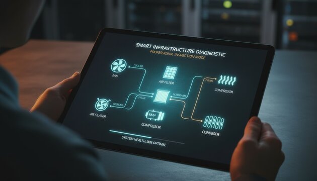 Professional technician holding a digital tablet to display an interactive smart building hvac infrastructure diagnostic map