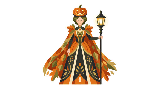 Elegant autumn queen character with pumpkin crown holding lantern staff
