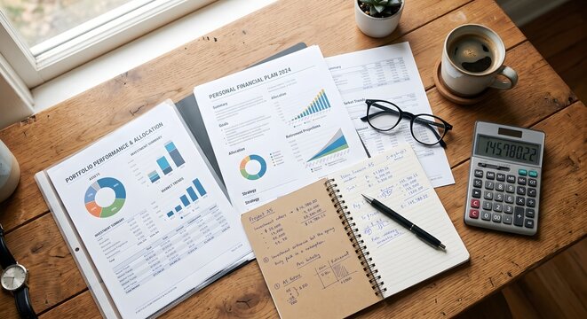 Financial analysis documents with charts and calculator on wooden desk