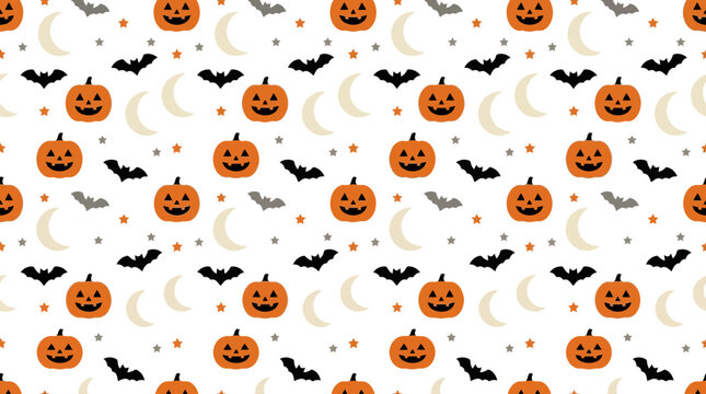 Seamless pattern of cute orange pumpkins bats and crescent moons