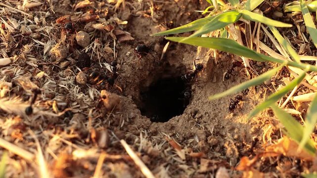 Macro view of ants around the entrance hole of their underground nest in dry soil with straw and green shoots, Umbria, Italy