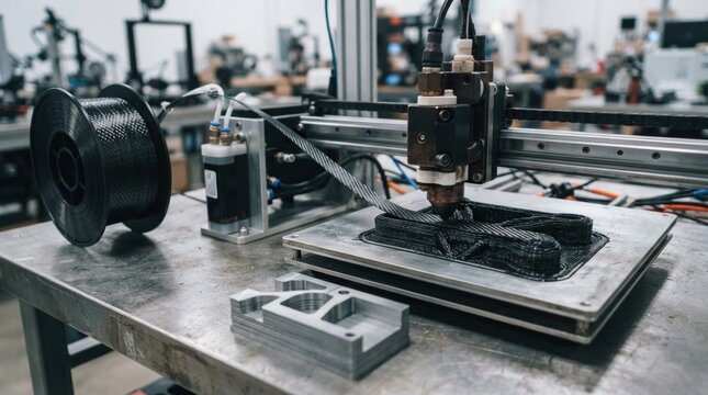 Continuous fiber reinforcement with 3D printer nozzle, carbon fiber tow spool, resin cartridge, and composite test coupon on a metal workbench.