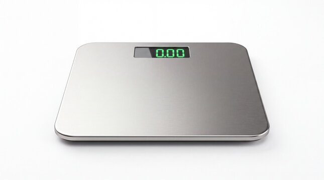 Modern silver electronic bathroom scale with digital green display showing zero weight on white background