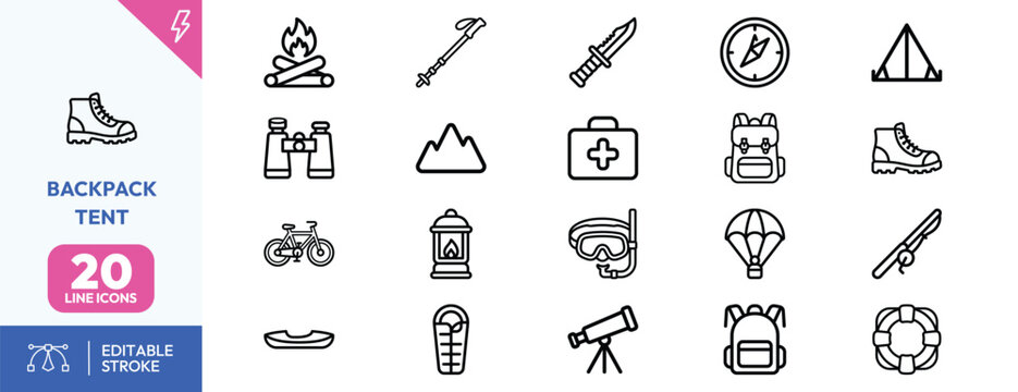 Adventure gear set. backpack, hiking boots, tent, campfire, trekking pole, compass, binoculars, knife, aid kit, bag, lantern, bicycle, mountain, parachute. Editable stroke. Vector illustration.