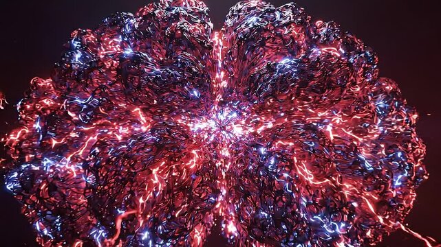 Abstract visualization of glowing red and blue energy particles expanding and transforming into a complex structure resembling a brain in a dark environment