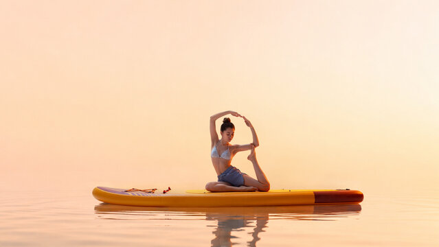 Young woman doing seated side stretch on paddleboard in warm evening light. Concept of gentle mobility, restorative wellness, summer self care.