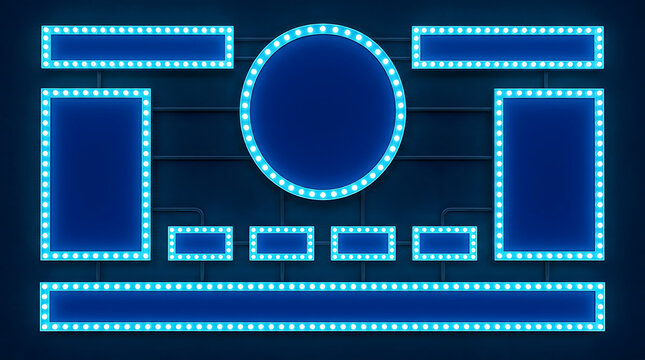 Glowing blue neon frames collection with circular and rectangular shapes on dark background