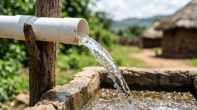 Clean water flows from pipe into stone basin providing access to fresh water in rural village setting with huts and greenery in background
