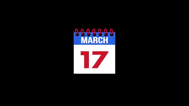 Daily Calendar Page Flip Animation from March 16 to March 17 with Page Turn Transition on Black Background. Day to day. date change concept