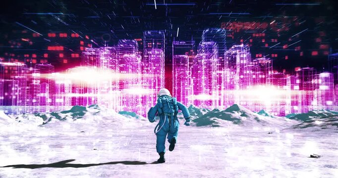 Astronaut running on a planet landscape towards holographic digital skyscraper city. Abstract Digital Space City Concept.