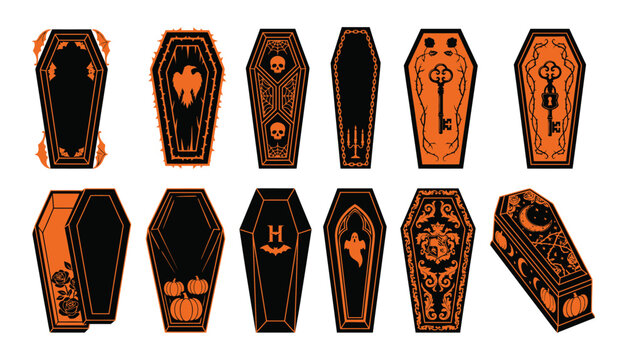 Set of various decorative wooden coffins and caskets for a spooky halloween themed graveyard design project