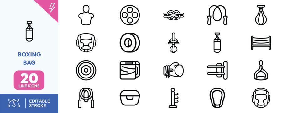 Boxing Gear set. punchbag, gloves, headgear, jump-rope, speedbag, ring, shoes, wraps, speedball. Editable stroke. Vector illustration.