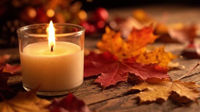Candle flame flickers gently in a glass holder surrounded by colorful autumn leaves on a rustic wooden surface, creating a warm seasonal ambiance for fall decor