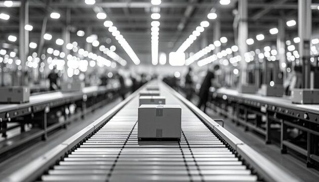 Conveyor belt in warehouse with boxes symbolizing efficiency automation and global logistics trends in modern industrial production and e commerce distribution systems