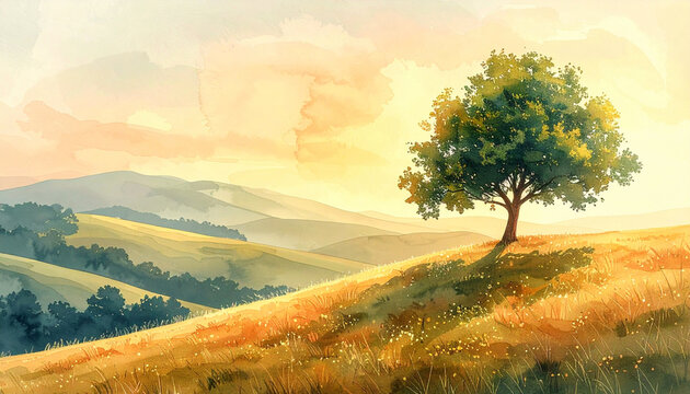 A tranquil summer scene: rolling hills and a lone tree